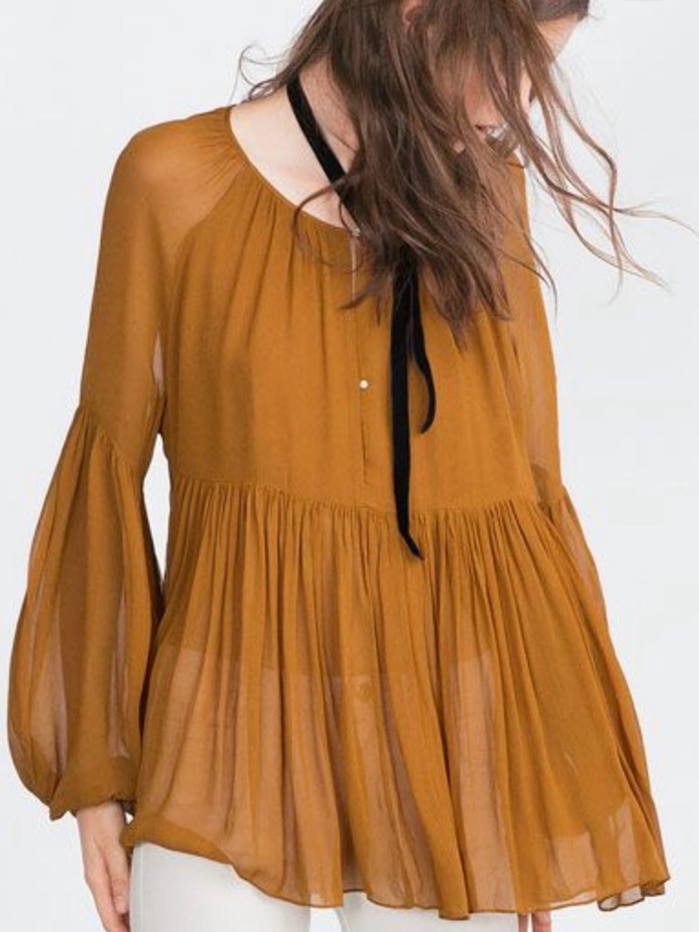 Zara mustard yellow bohemian-style blouse featuring billowy lantern sleeves. M.